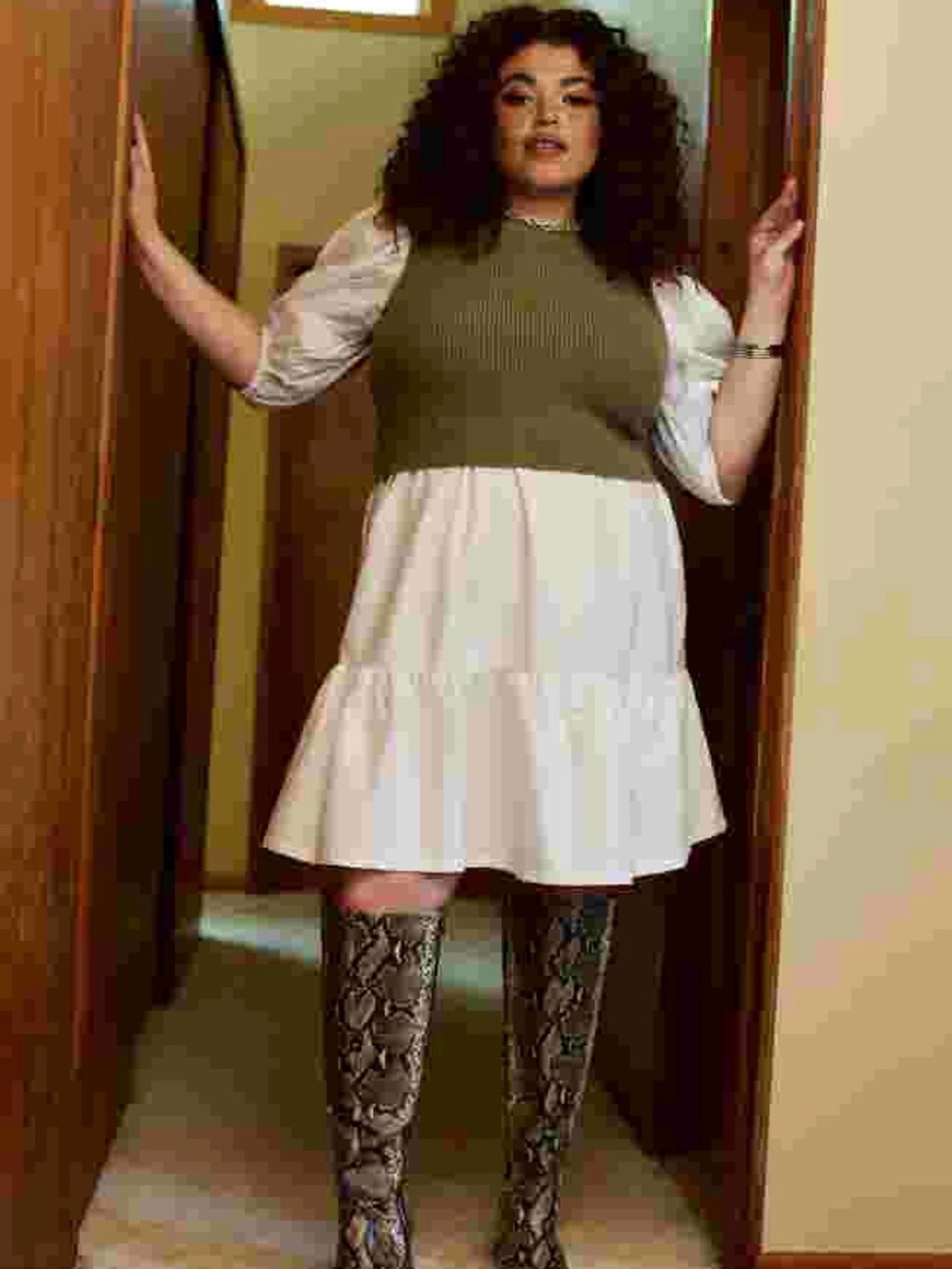 Eloquii Olive Green Knit Vest Over White Midi Dress